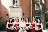 11 burgundy and ruby red strapless maxi dresses for a truly fall feel at your wedding