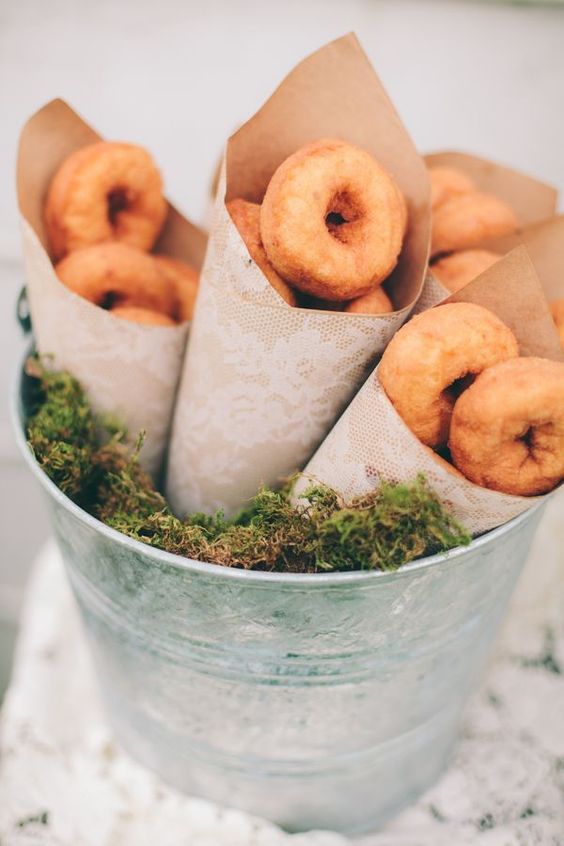 fall spiced donuts in kraft paper cones with lace is a great idea for a fall wedding
