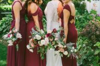 12 mismatching burgundy bridesmaids’ dresses are a timeless solution for every bridal party