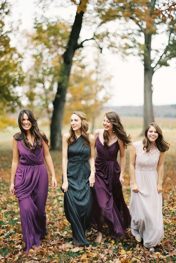 a dark green and different shades of purple for chic mismatching dresses for the fall bridesmaids