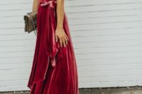 15 a pink velvet wrap dress, tan shoes and a clutch for a trendy and very cozy look