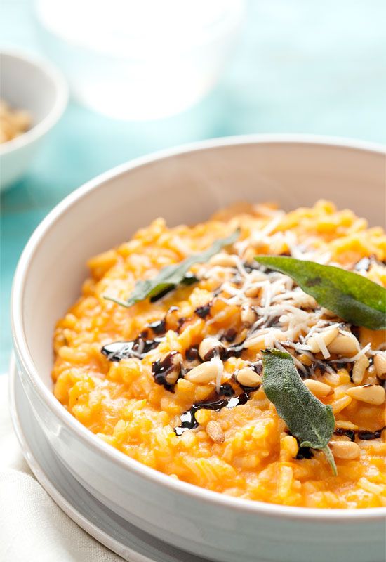 butternut squash risotto with pine nuts, balsamic drizzle and fried sage