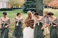 17 maxi green dresses with draped skirts and neutral faux fur stoles for a chic look