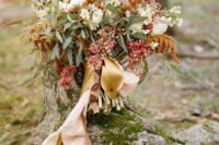 19 a wild fall wedding bouquet with seeded eucalyptus, white blooms and mustard touches plus blush ribbons