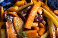 20 beautiful roasted root vegetables—garnet yams, parsnips, carrots, beets — tossed an apple cider vinaigrette and caramelized