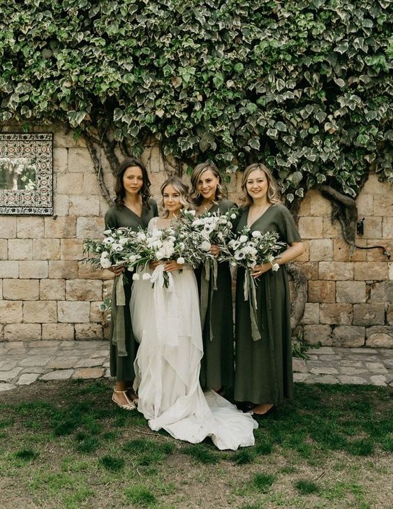 olive green midi dresses with V-necklines for a green and white wedding