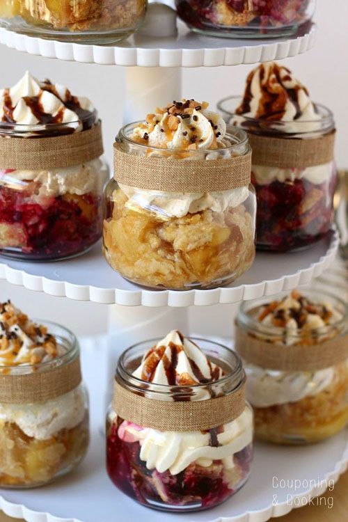 little mason jar pies with a burlap trim is great for fall bridal shower desserts