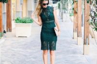 25 an emerald lace knee dress with a partly sheer skirt and bodice, a clutch andnude shoes