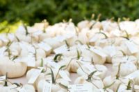 26 miniature ghost pumpkins can be used as cute little favors and to display escort cards at the same time
