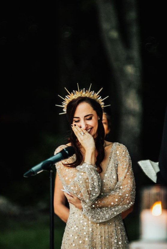 a gold and silver spiky crown with beads is a gorgeous statement headpiece for a celestial bride