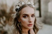 a whimsy boho chic crown with rhinestones and large agates and statement boho earrings for a unique bridla look