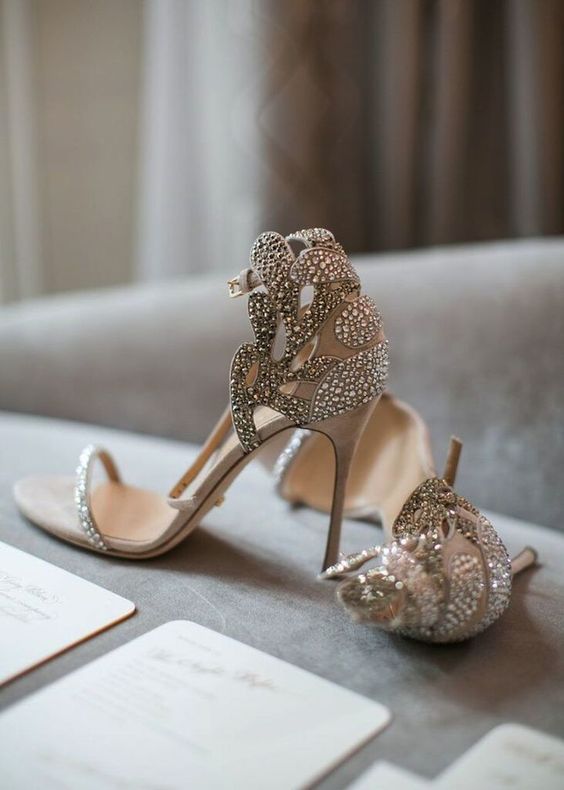 beautiful neutral embellished and laser cut bridal heels with just one strap on the top