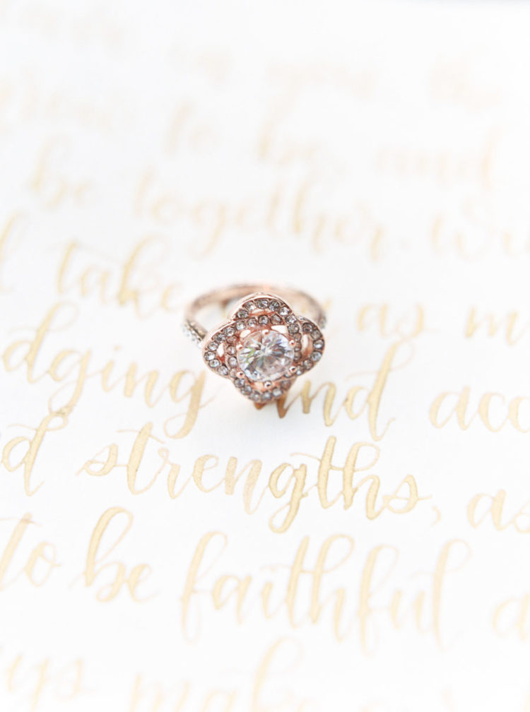 The beautiful romantic rose gold ring with rhinestones added to the bridal look
