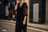 05 a comfy black midi dress with a side slit, copper sequin sleeves and tassel heels