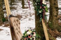 06 a romantic outdoor photo booth done with a vintage gilded frame with lush blooms and a refined chair