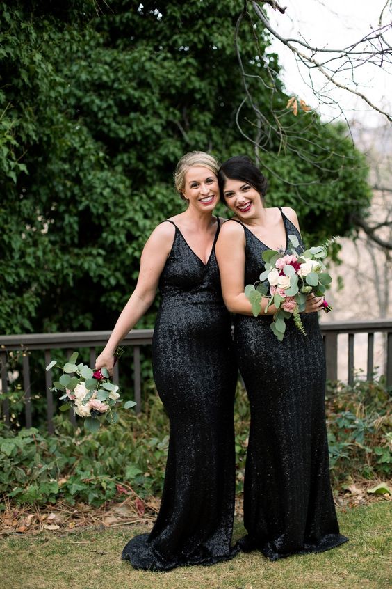 black sequin sheath maxi bridesmaids' dresses with V necklines for a touch of glam