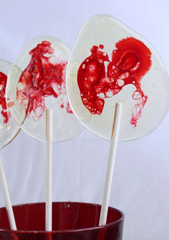 bloody lollipops are a budget friendly idea for Halloween