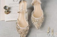 07 chic nude wedding shoes with gold rhinestons and straps for an ethereal look
