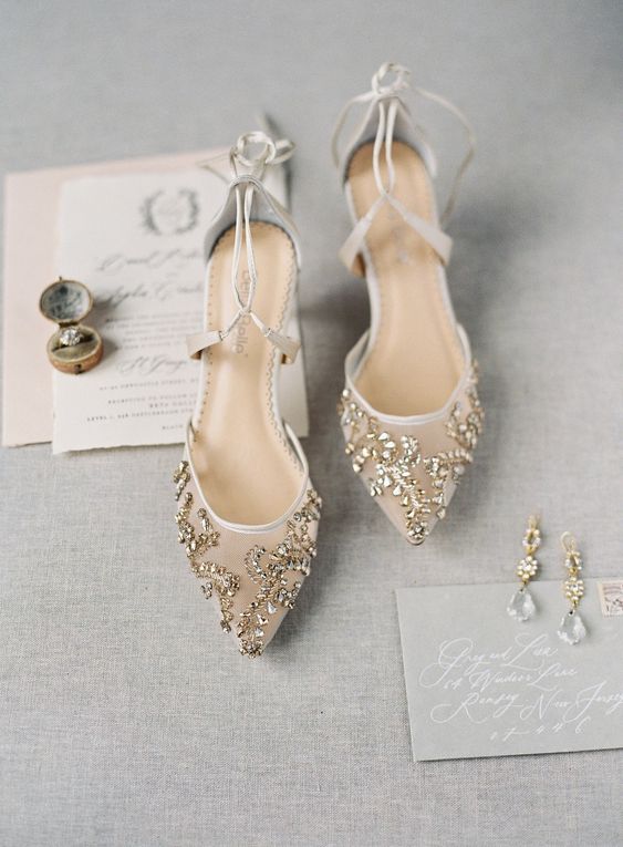 chic nude wedding shoes with gold rhinestons and straps for an ethereal look