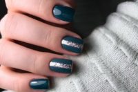 07 shiny and matte teal nails with silver glitter stripes in the middle to embrace the season and make a colorful statement