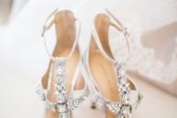 09 heavily embellished silver strappy shoes are a great idea to sparkle