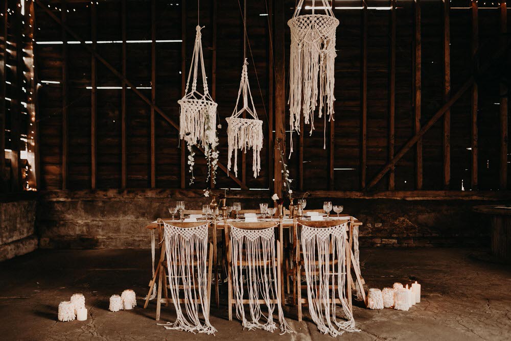 The second tablescape was done indoors, in a barn, and was filled with macrame
