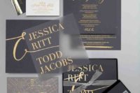 12 a modern black, grey and white invitation suite with gold foil and gold printing