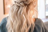 13 a half updo with a double braided halo and textural locks down for a boho chic bridesmaid