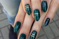 13 emerald nails with gold stripes are a great idea for the fall, make a statement with this elegant and bold color