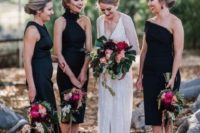 13 mismatching black knee dresses with black strappy heels for a bold bridesmaids’ look
