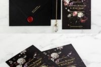 13 striking moody wedding stationery with dark florals, gold foil lining and touches of gold