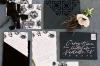 14 a black and white invitation suite with watercolor florals, calligraphy and velvet for a monochromatic Halloween wedding