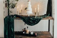 14 a unique cake table idea – a vintage trolley with a touch of greenery and grene velvet