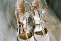 14 white strappy embellished wedding shoes are a bold and shiny option