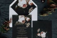 15 edgy dark floral wedding invitations with a white envelope for a contrast and an elegant feel