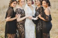15 mismatching black lace dresses with nude underdresses to make the brided in ivory lace stand out
