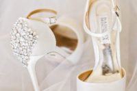 15 white peep toe wedding shoes with heavily embellished backs for a chic and shiny touch