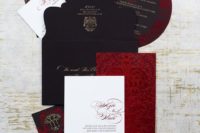 16 a red, black and white Halloween wedding invitation suite with gold calligraphy is a flawless idea