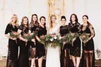 16 mismatching black lace bridesmaids’ dresses and black shoes for a touch of rock
