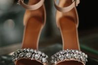 17 tan heavily embellished heeled sandals for adding a shiny touch to a summer bridal look