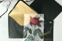 18 black wedding invitation suite with gold calligraphy, gold foil lining and a vellum rose overlay