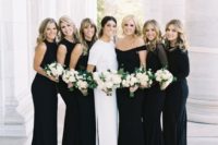 20 mismatched black mermaid bridesmaids’ gowns with various necklines and sleeves