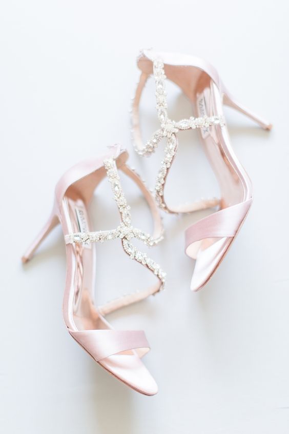 pink strappy wedding shoes with beautiful embellishments for a delicate yet shiny look