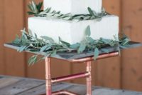 22 a copper piping cake stand is a creative and fresh idea for an industrial touch on your big day