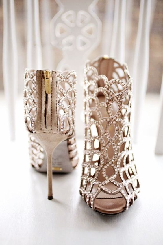nude heavily embellished laser cut wedding booties for a fashion statement