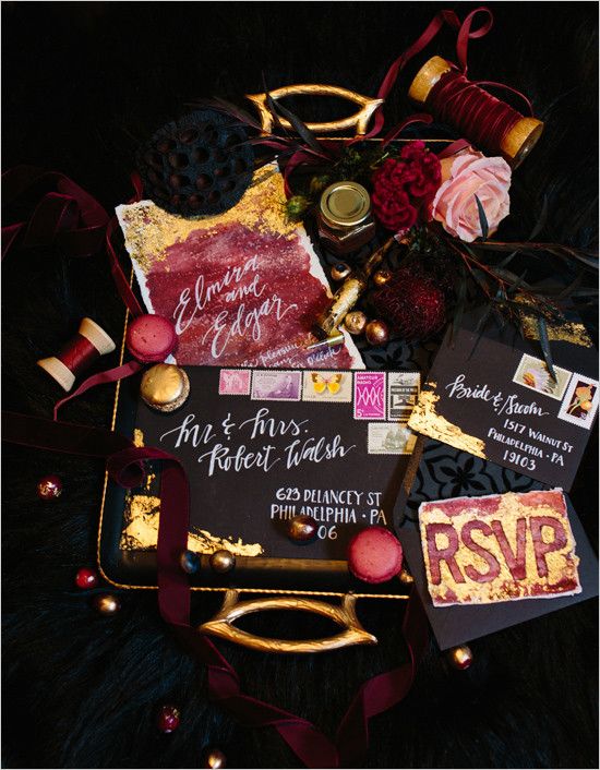 black, gold and burgundy wedding stationery with watercolor wedding touches for a lush decadent wedding