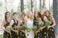 25 black floral maxi gowns with mismatched necklines for a girlish feel