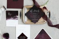 25 burgundy and white wedding invitation suite with black lining and brushstrokes for a moody Halloween wedding