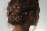 a braided and messy updo with curls is a chic idea, a rhinestone hair vine will make it amazing