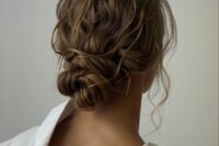a lovely wavy messy low bun with a wavy top and some locks down is a perfect solution for a bridesmaid with long hair